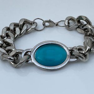 Men Bracelet Silver Tone Chain Metal Blue Stone Fa